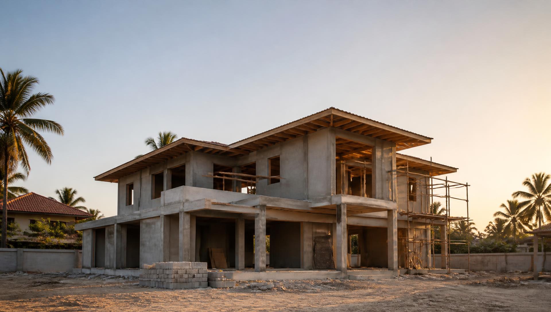 A two-story home under construction at golden hour with scaffolding and palm trees